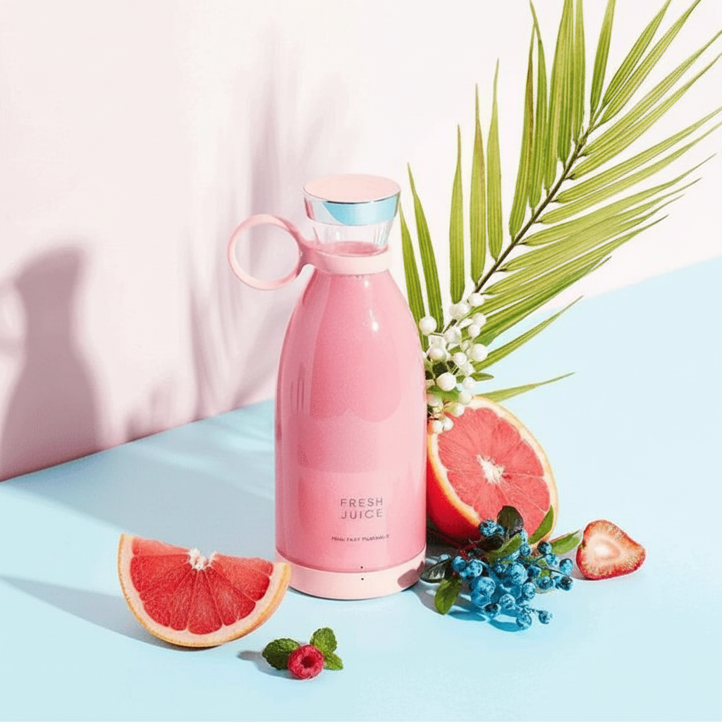 Pink thermos bottle with fruit slices and a palm leaf on a light blue background